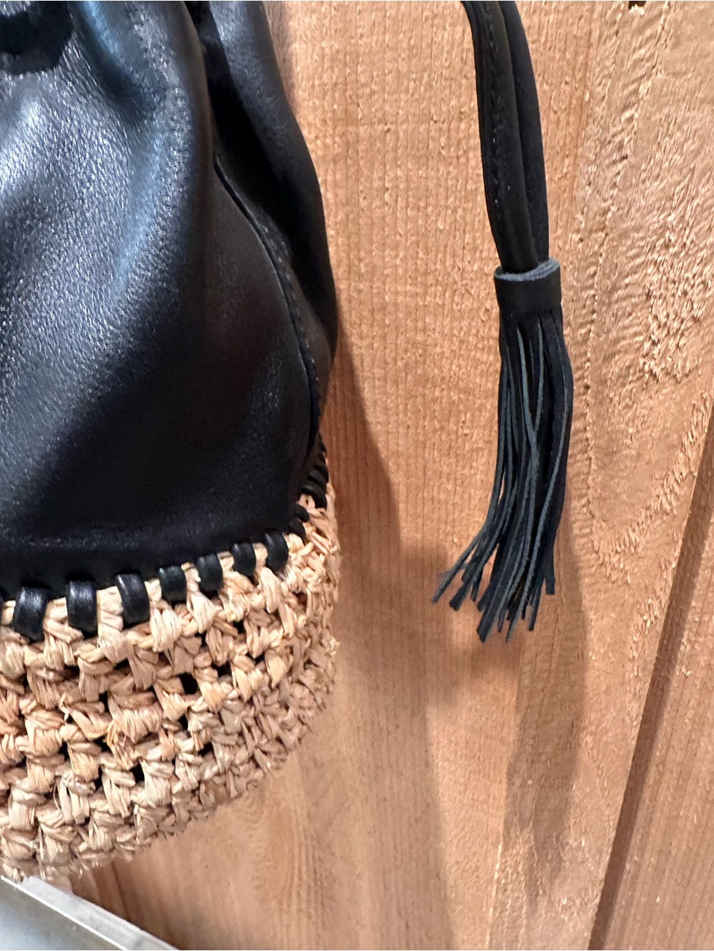 Loeffler Randall Black Leather and Raffia Drawstring Bucket Bag - Picture 6 of 12